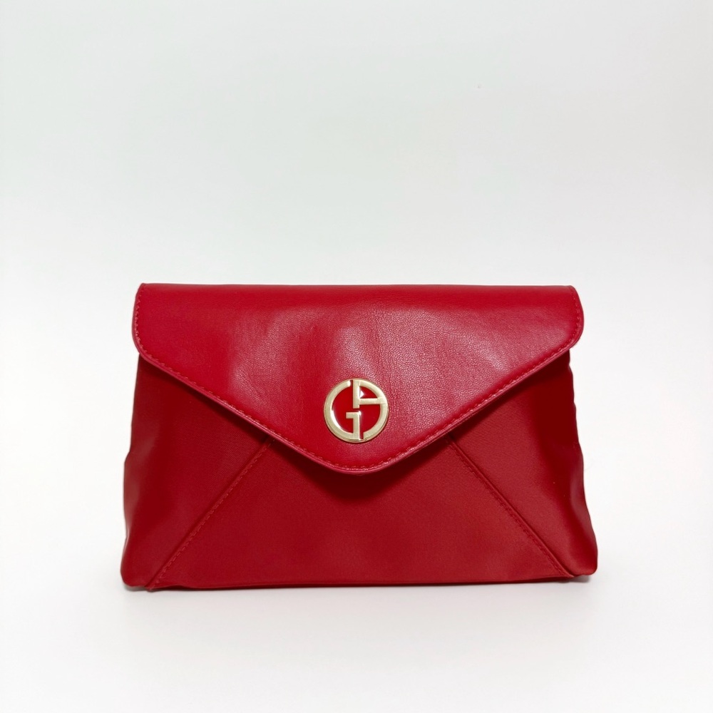 Giorgio Armani Beauty Red Cosmetic Clutch Bag Satin Leather Gold Logo